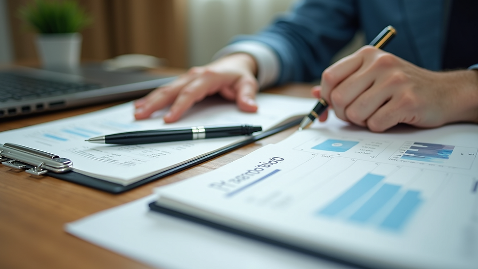 Eye-level view of a pen and notepad on a wooden desk with financial records