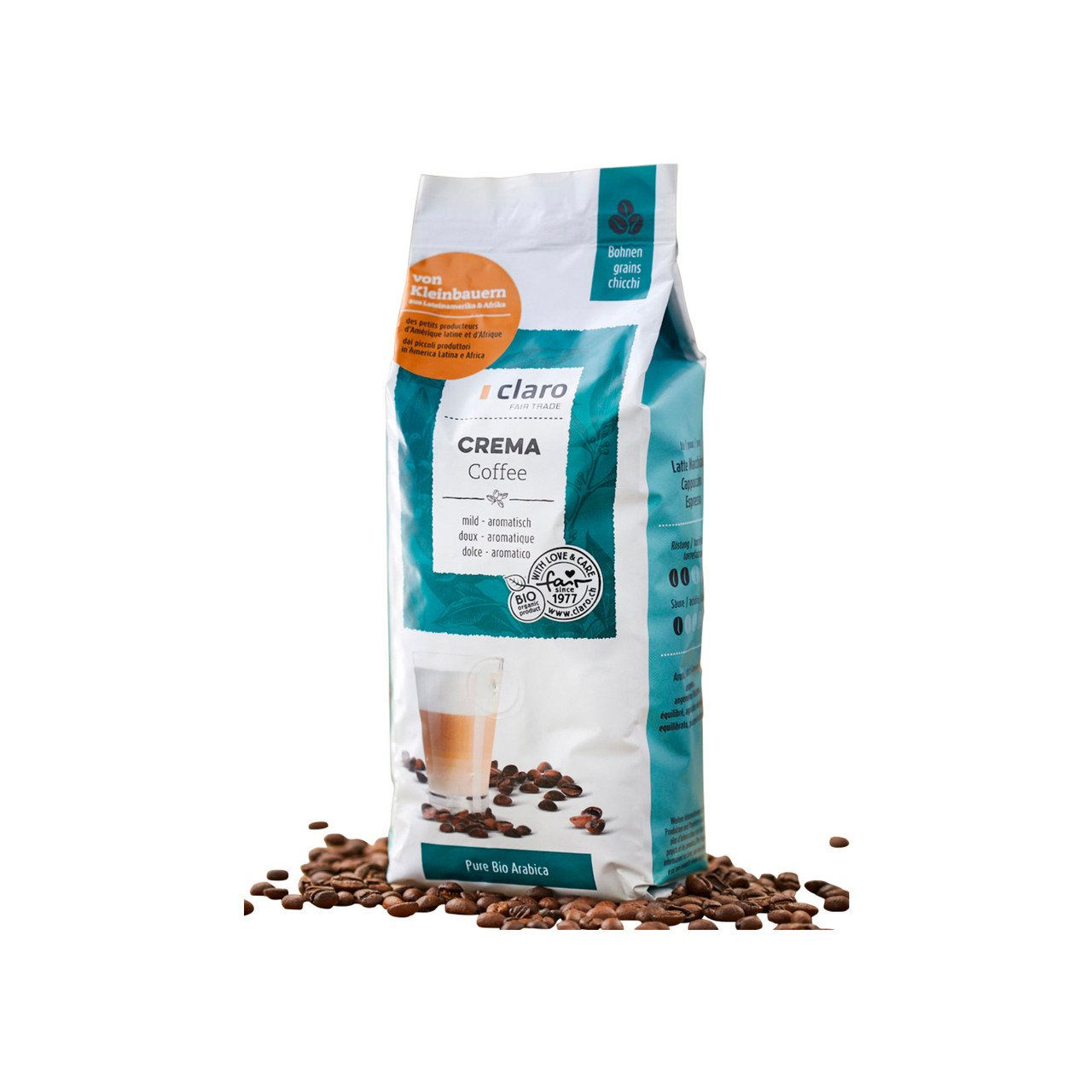 5x CLARO FAIRTRADE Kaffee Crema Bohnen 500g