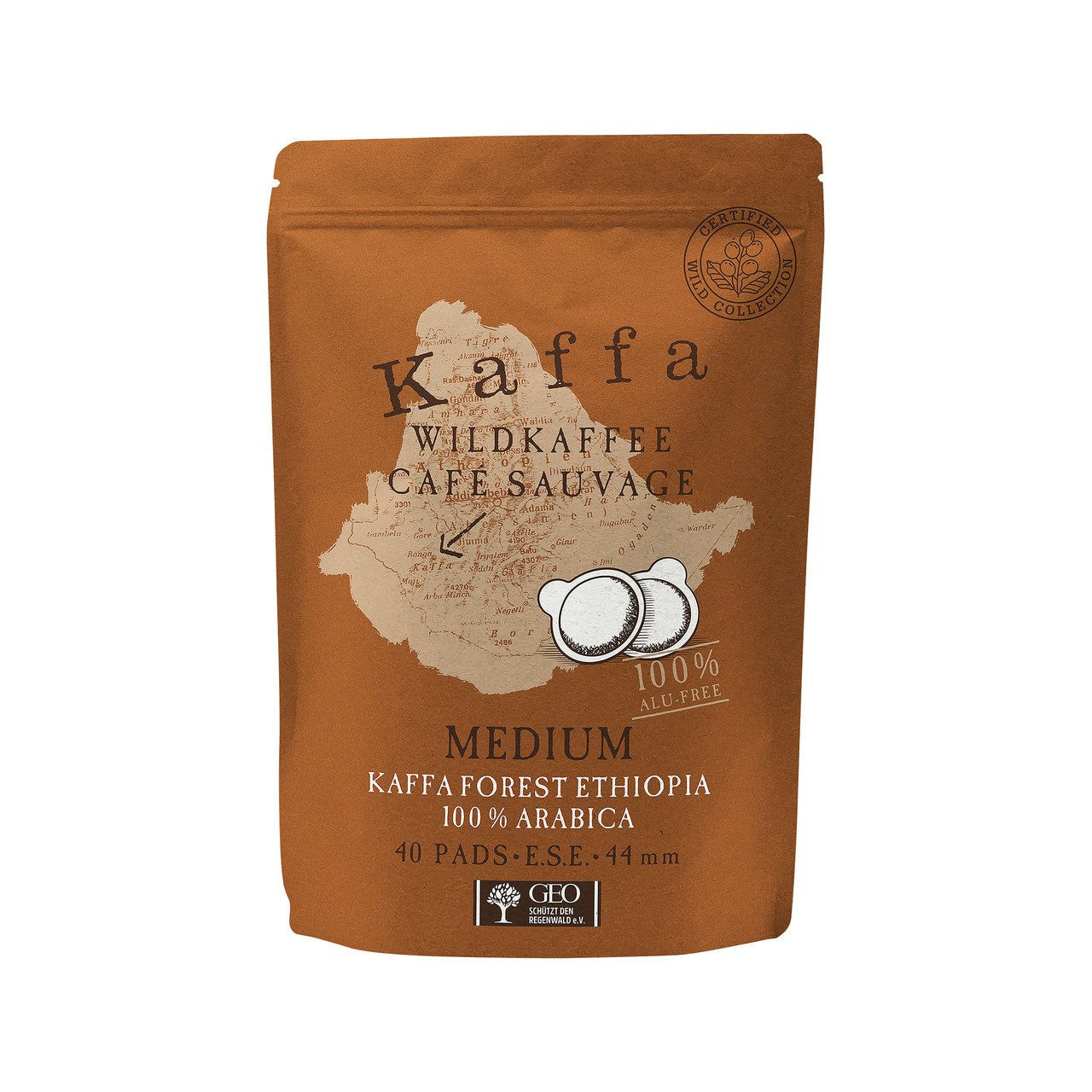 3x KAFFA Wildkaffee Kaffa Medium 40 Pads 225g