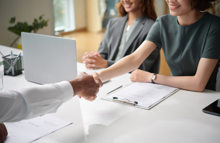 hand shake, hired, hr, human resources, desk, laptop
