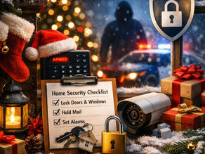 Holiday home security scene showing locks, alarm system and festive décor highlighting break-in and theft prevention tips in Ontario during Christmas season.”