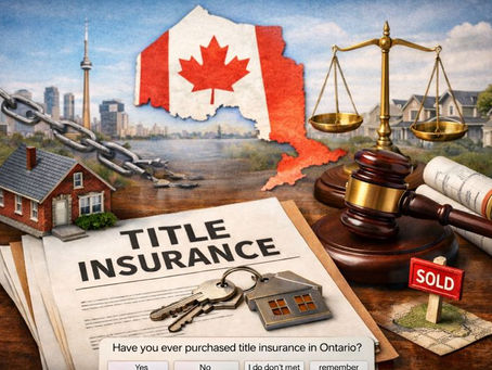 Title insurance documents, house keys, and Ontario skyline illustrating real estate legal protection in Ontario.