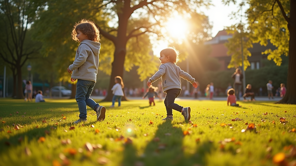 Wide angle view of a sunny park with children playing