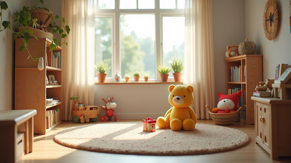 Eye-level view of a cozy playroom filled with toys and books