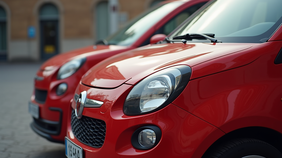 Close-up of a shiny red compact car ready for rental