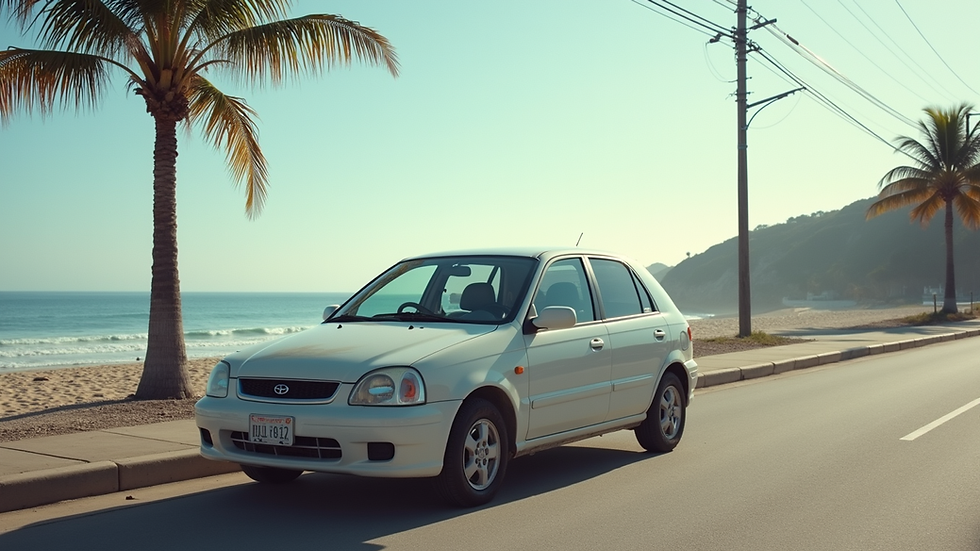 Eye-level view of a compact rental car parked near a beachside road