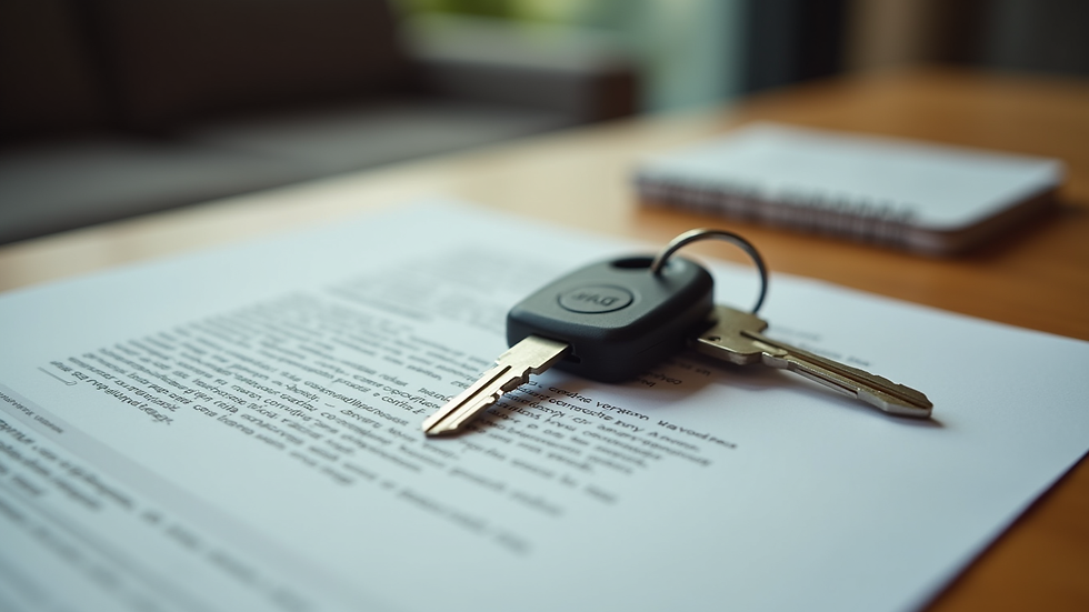 Close-up view of a car key and contract on a wooden table