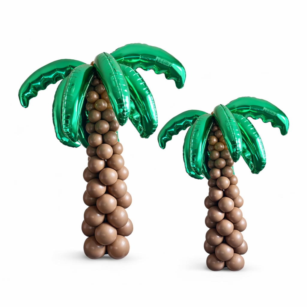 Tropical palm tree balloon sculptures for beach or summer themed party decor in Calgary.