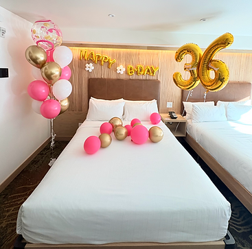Pink and gold birthday balloon hotel room surprise with number 36 balloons in Calgary