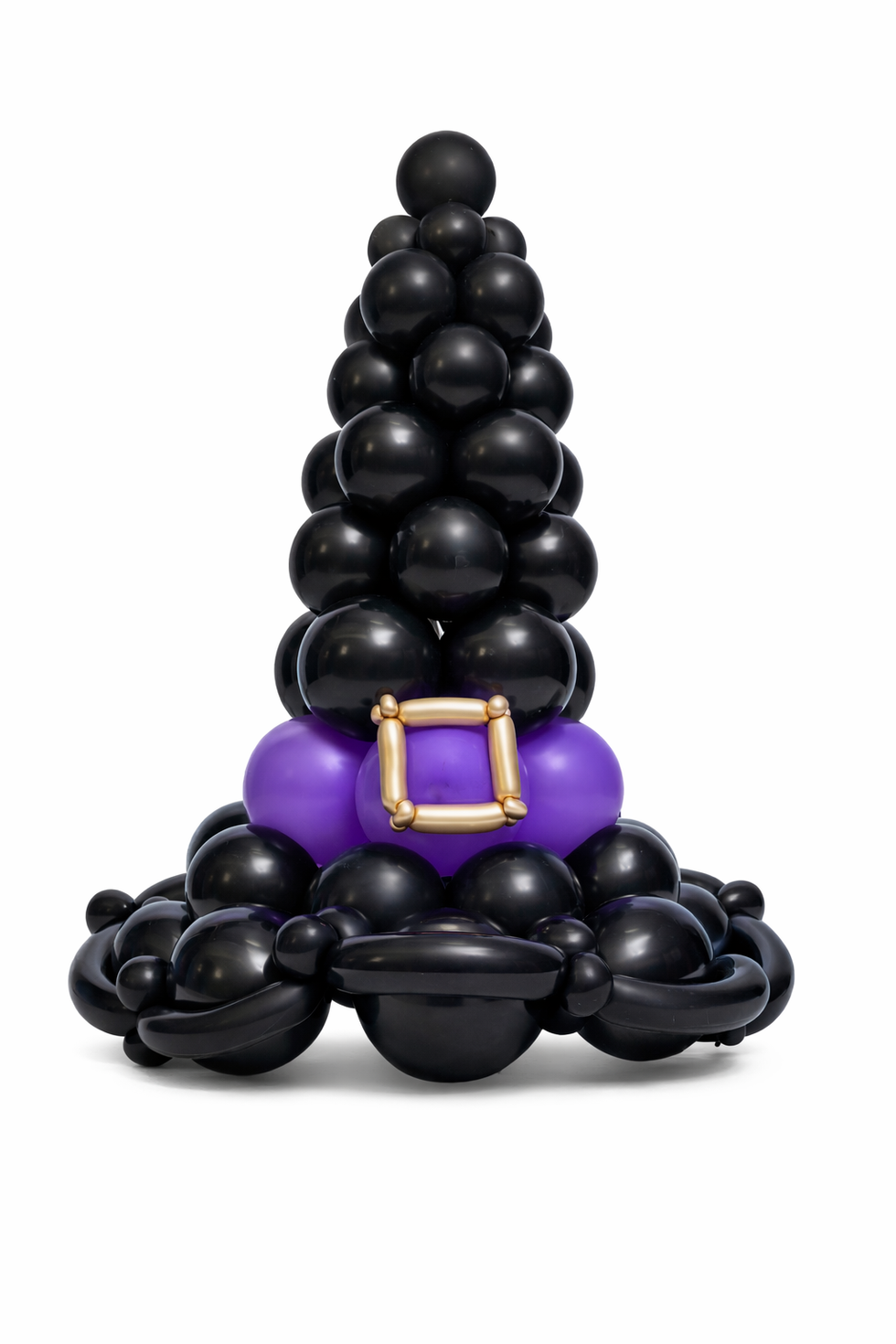 Halloween witch hat balloon sculpture made with black and purple balloons for event decor in Calgary.