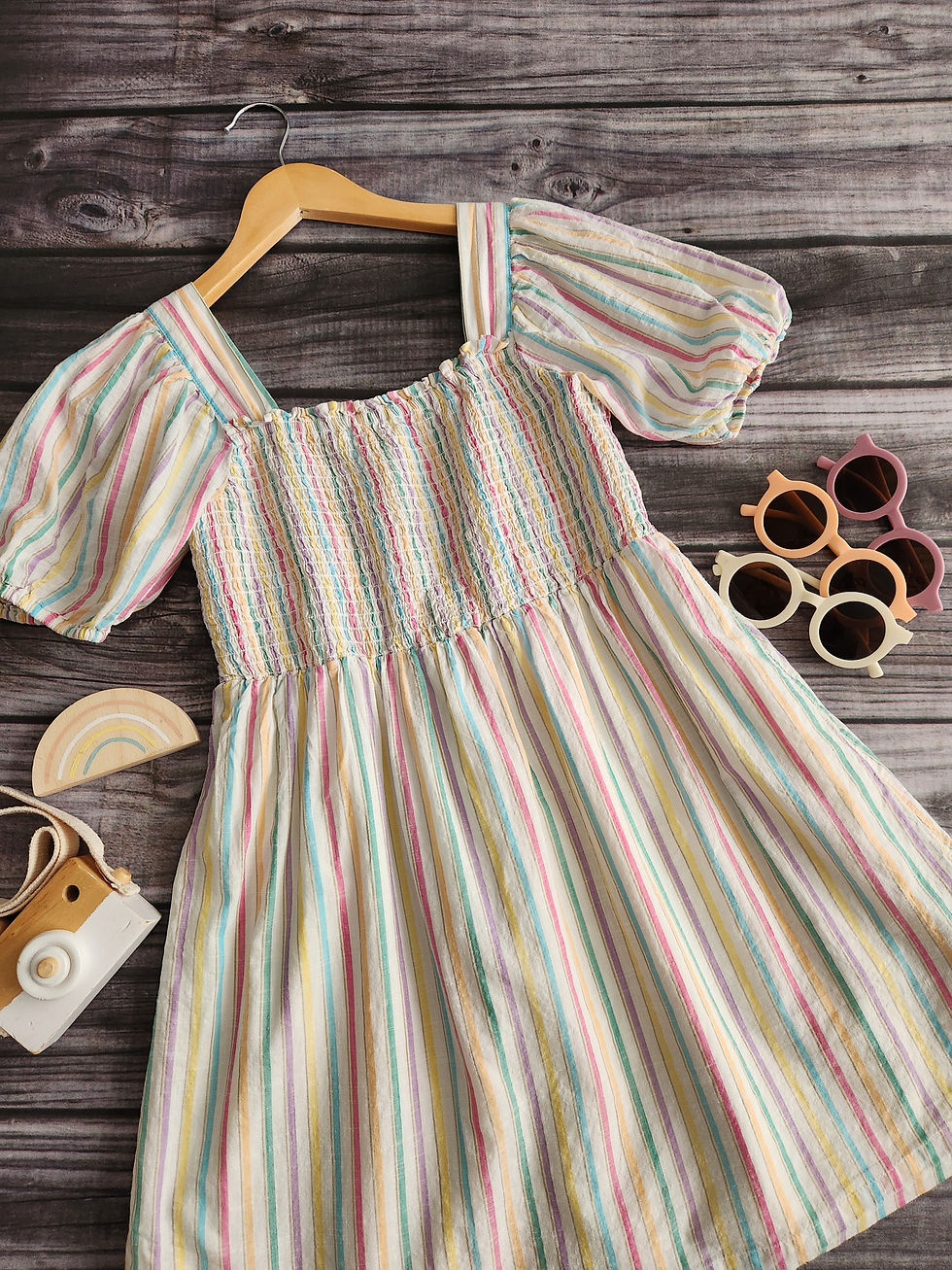 Thumbnail: Gap Rainbow Stripe Smocked Pouff Sleeve Dress Sz M (8-9)