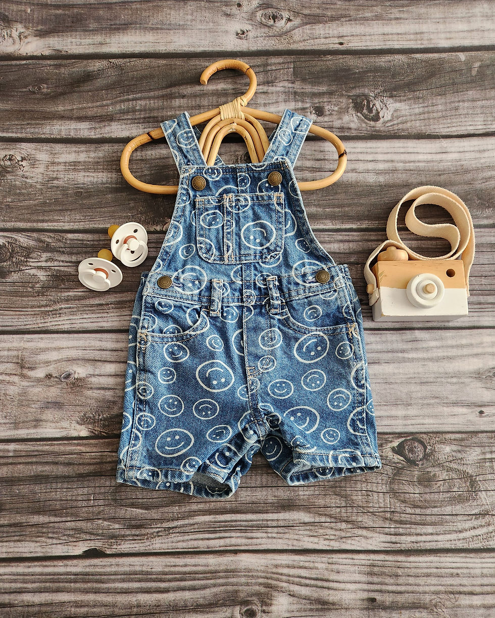 Thumbnail: Old Navy Smiley Face Denim Shortalls Sz 3M-6M 
