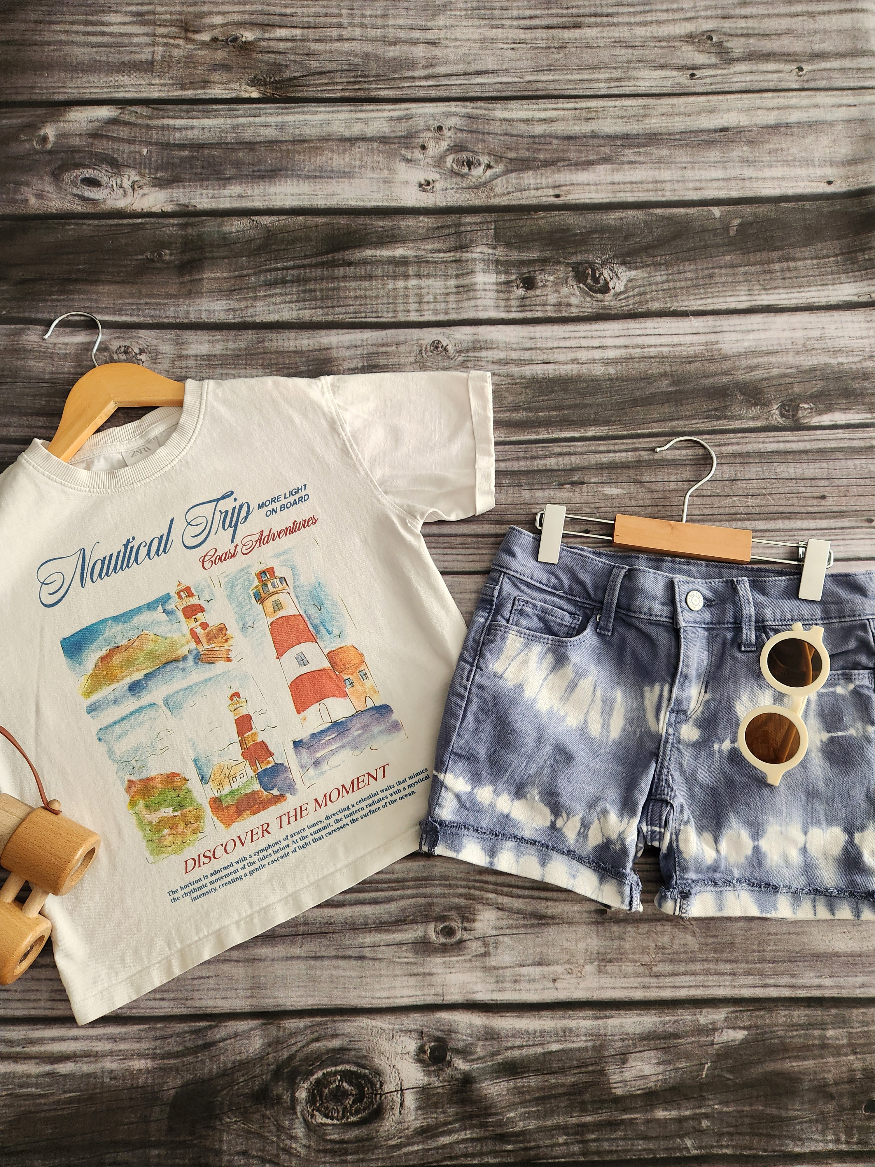 Zara Nautical Tee + Old Navy Denim Tie Dye Shorts Sz 8-9 