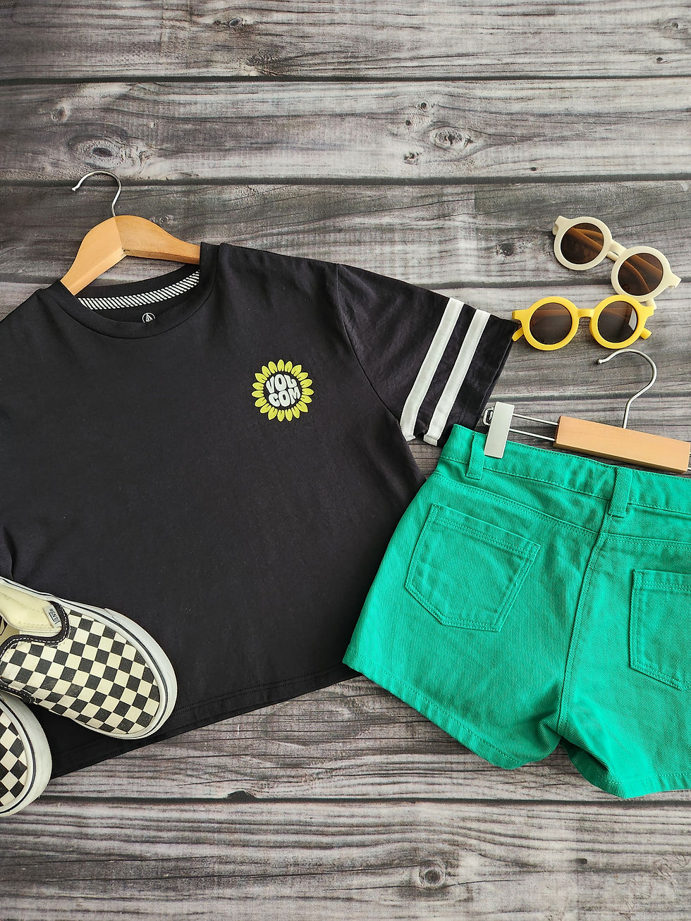 Thumbnail: Volcom Retro Tee + Next Green Denim Shorts Sz 7-8 
