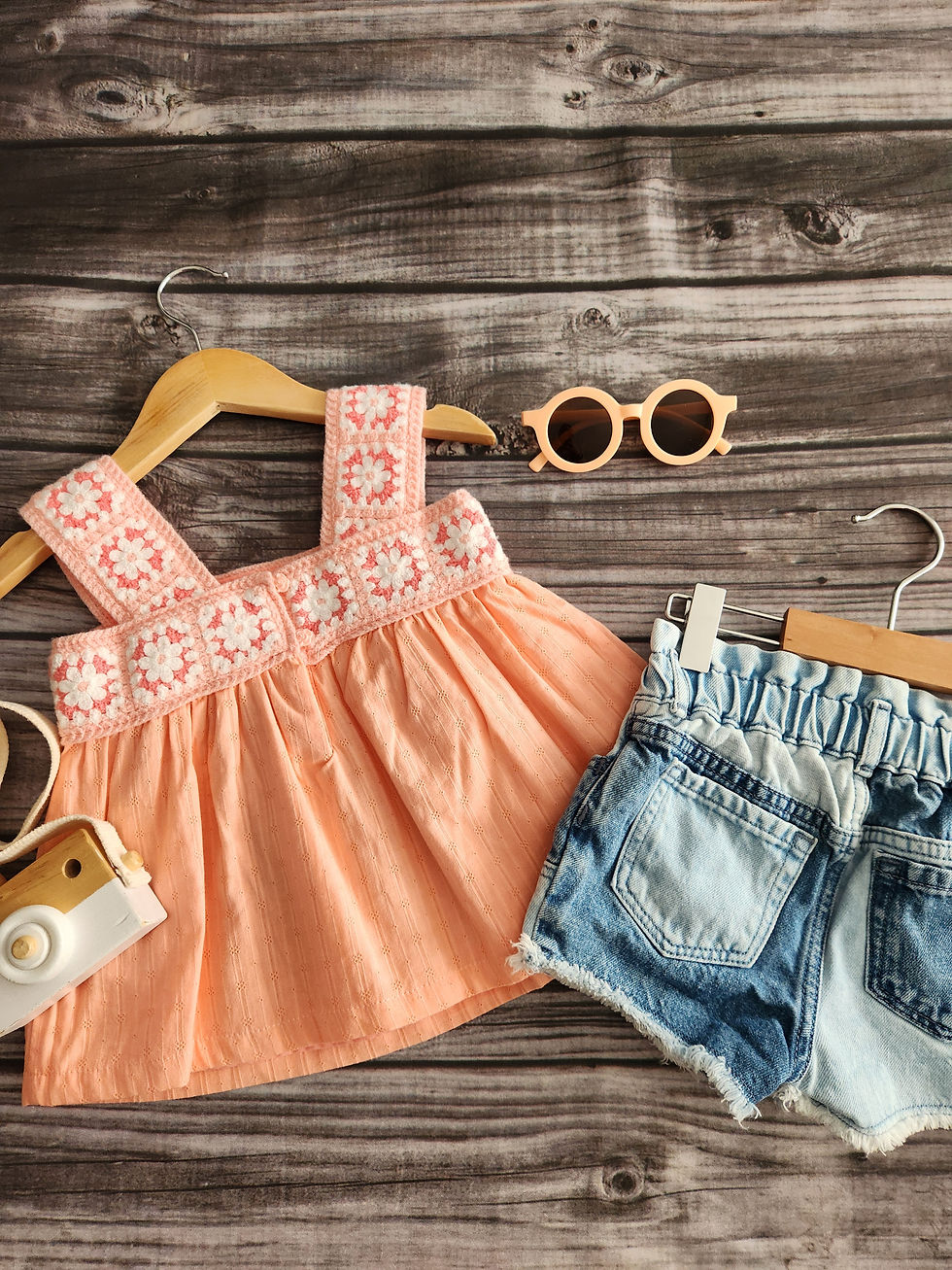 Thumbnail: Haute Hippe Crochet Tank + Gap Patchwork Denim Shorts Sz 12M-18M 