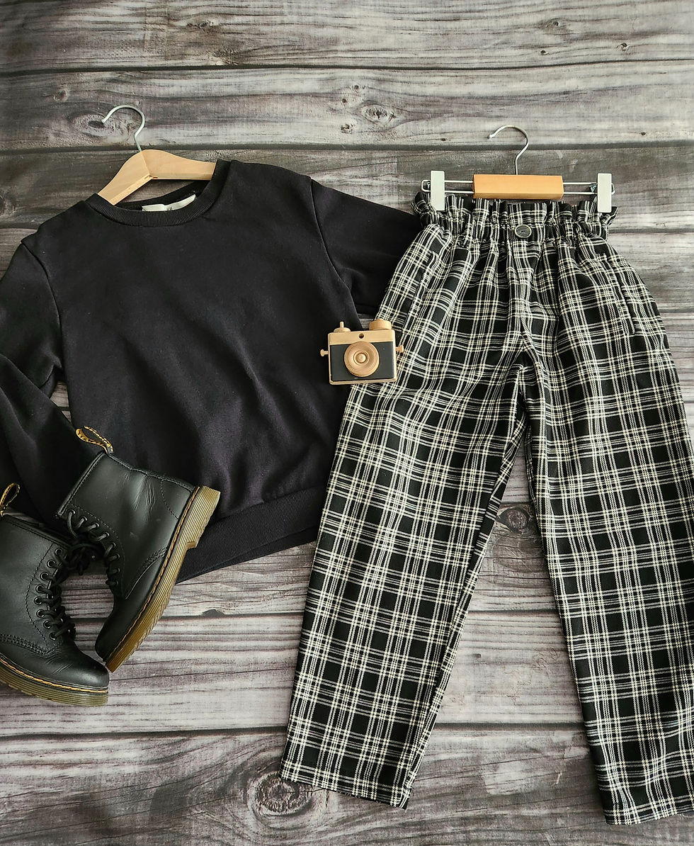 Thumbnail: H+M Crewneck Sz 6-8 + Zara Plaid Paperbag Waist Pants Sz 8