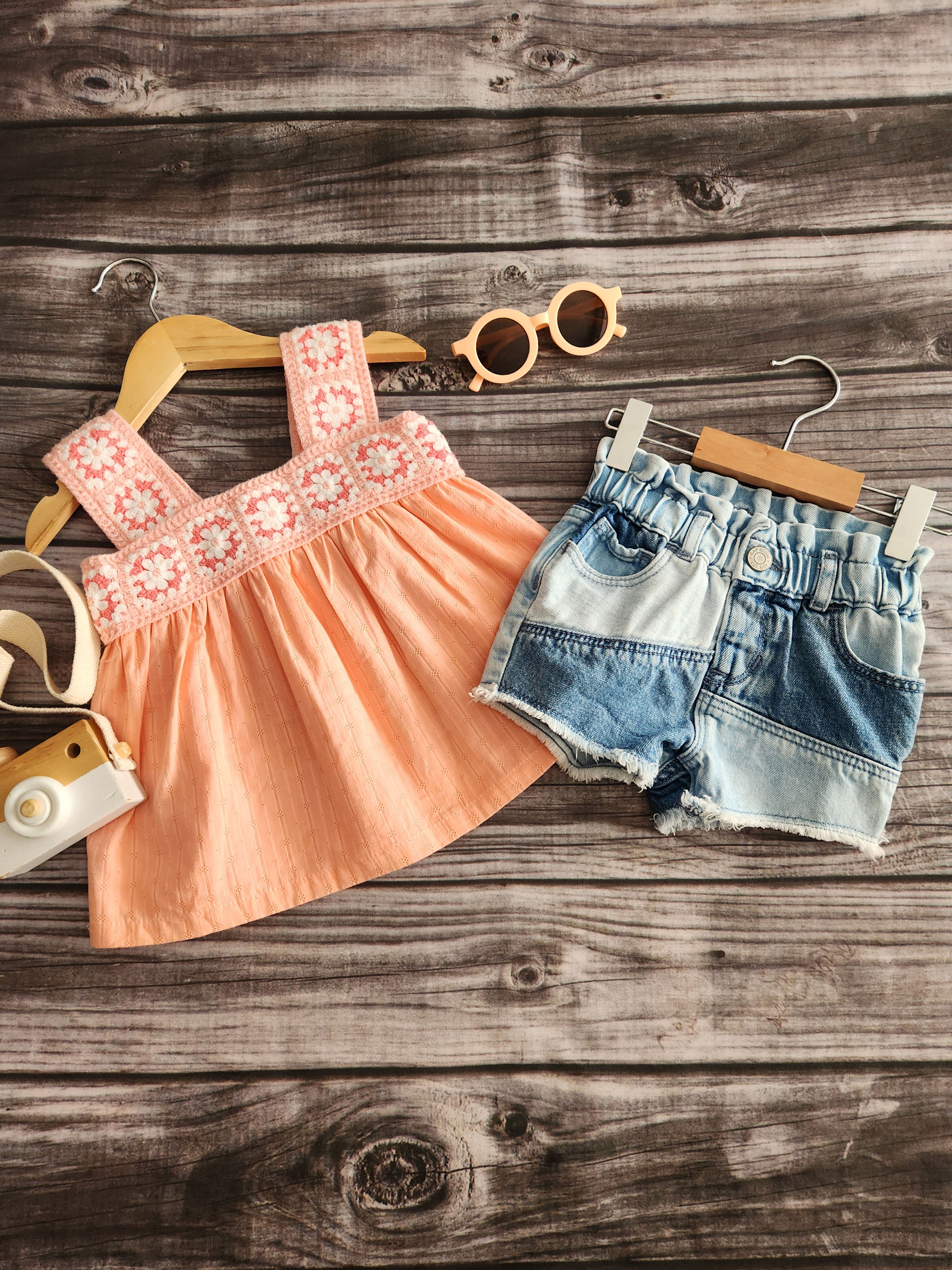Haute Hippe Crochet Tank + Gap Patchwork Denim Shorts Sz 12M-18M 