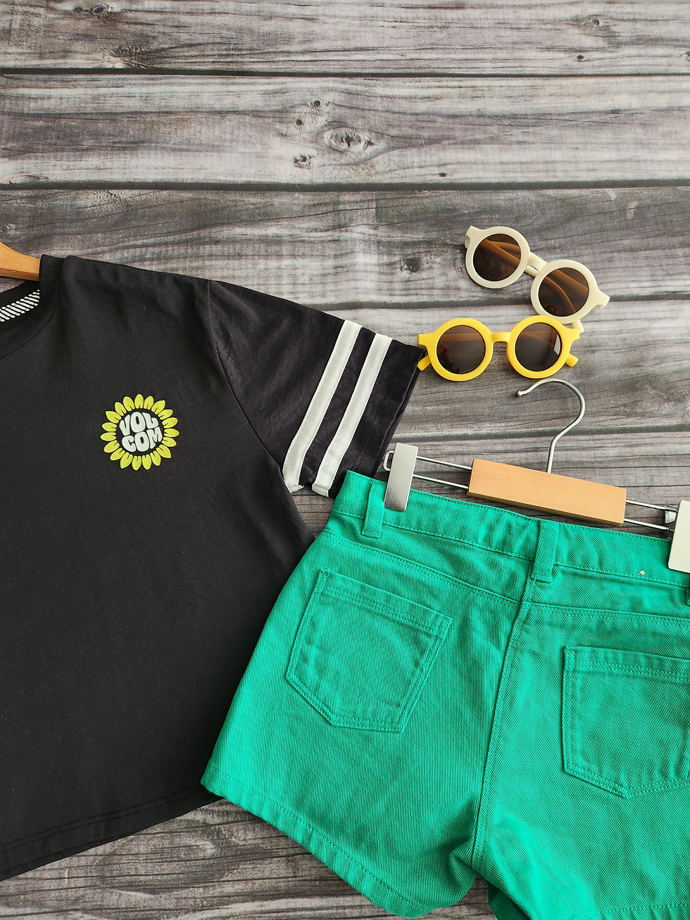 Thumbnail: Volcom Retro Tee + Next Green Denim Shorts Sz 7-8 