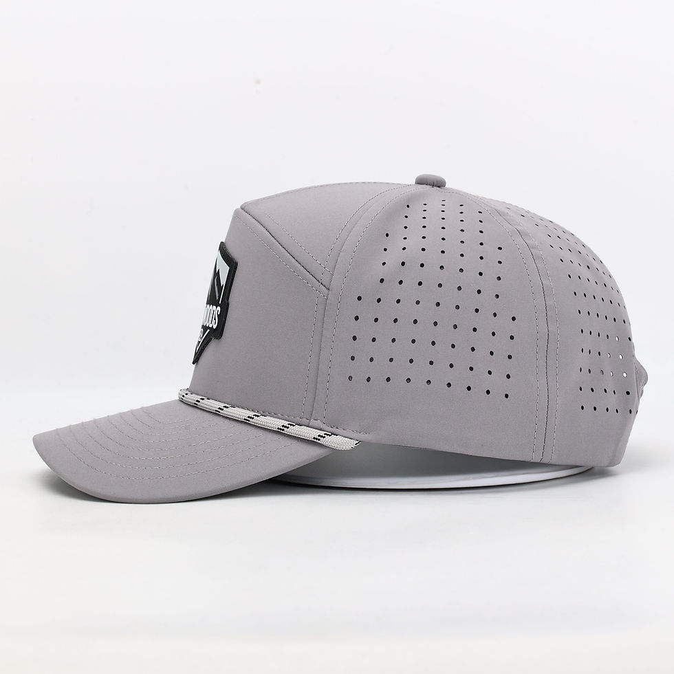 Thumbnail: 7 Panel Curved Brim Rope Laser Back Grey Leather Patch Shield Hat