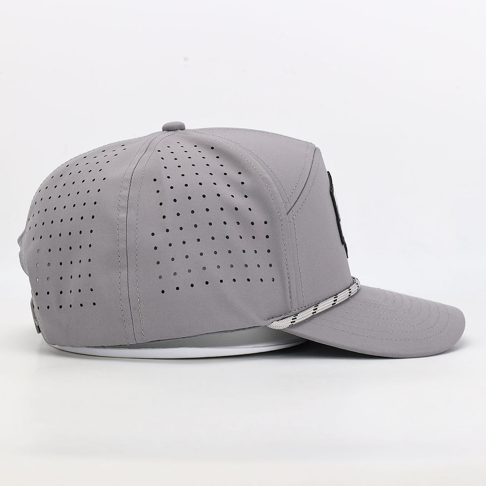 Thumbnail: 7 Panel Curved Brim Rope Laser Back Grey Leather Patch Shield Hat