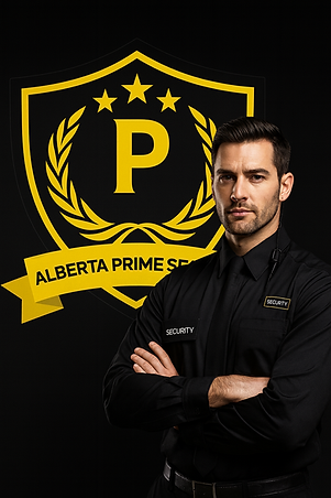 Professional Alberta Prime Security guard in black uniform standing confidently with arms crossed beside company logo, representing reliable and trustworthy security services in Edmonton, Calgary, and across Alberta.