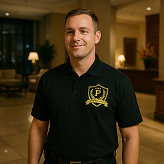 Alberta Prime Security professional male guard in branded black uniform smiling confidently, representing trusted and reliable security services in Alberta.