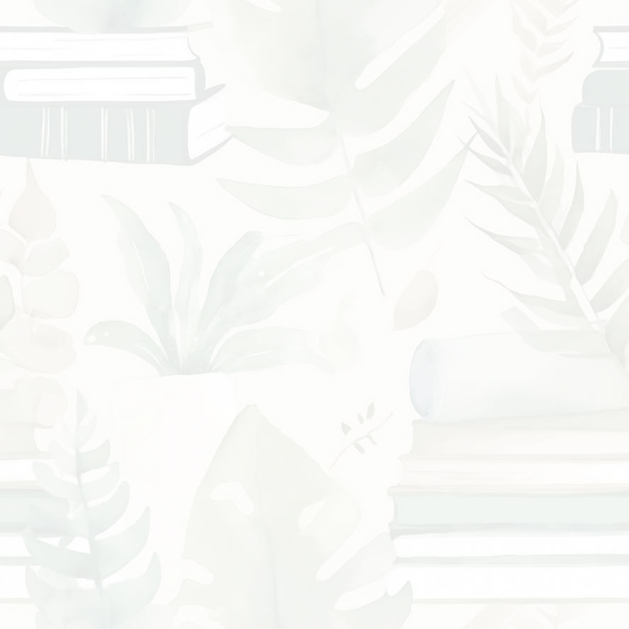 beige and green with books, ferns, and abstract shapes in watercolor style, cozy _edited_
