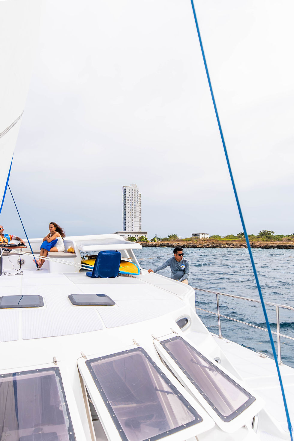 The CILYC trimaran's elevated skylounge deck — an open-air upper level designed for panoramic ocean and island views
