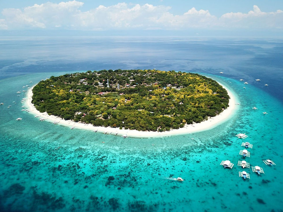 Aerial view of Balicasag Island, Bohol — a pristine marine sanctuary visited on a CILYC private sailing expedition in the PH