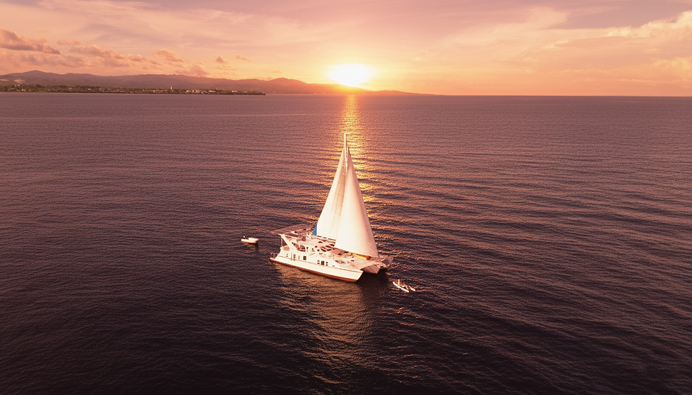 CILYC sailing trimaran on open ocean as the sky burns at sunset during a Golden Hour Sail in El Nido