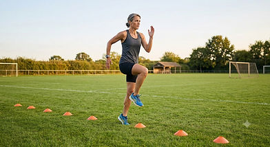 A middle-aged lady performs running drills to improve her technique
