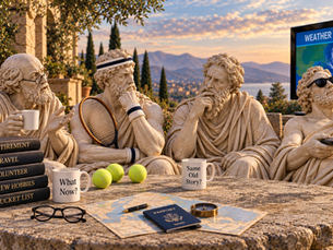 Four Greek-style statues representing older men discussing retirement, tennis, politics and weather
