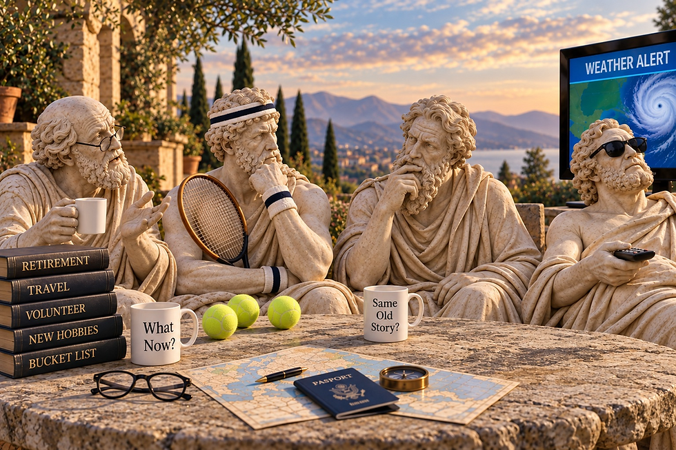 Four Greek-style statues representing older men discussing retirement, tennis, politics and weather