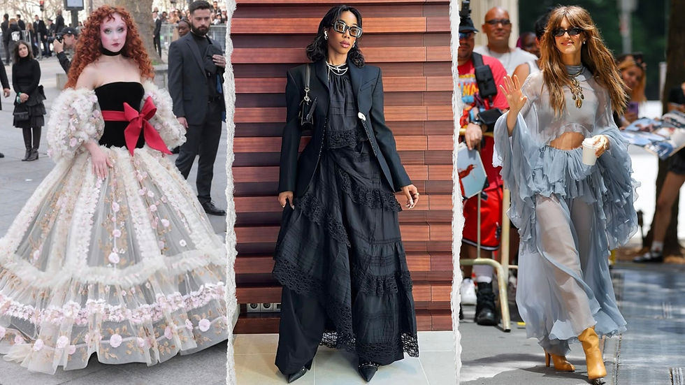 Three women in unique outfits: one in a floral gown with red bow, one in black with sunglasses, and one in sheer blue, waving. Urban settings.