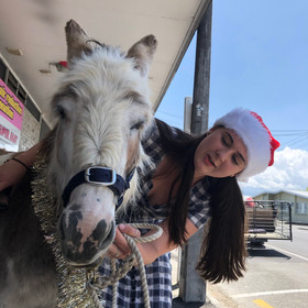 The young shepherdess with Lacey at the 2019 Carterton Christmas parade.