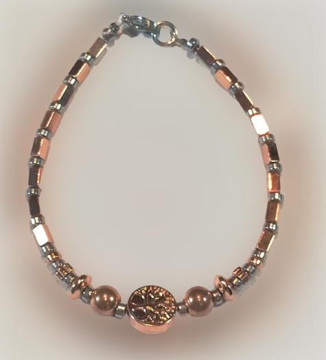 Bracelet hématite doré rose, argent, arbre de vie