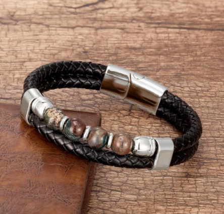 Bracelet homme cuir et perles Agate mousse