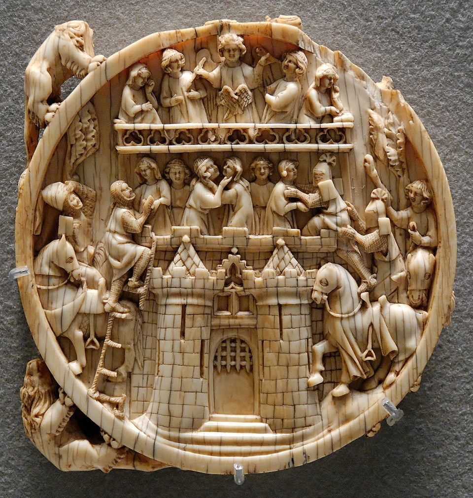Warfare imagery: the Siege of the Castle of Love on an ivory mirror-back, possibly Paris, c. 1350–1370 (Musée du Louvre)
