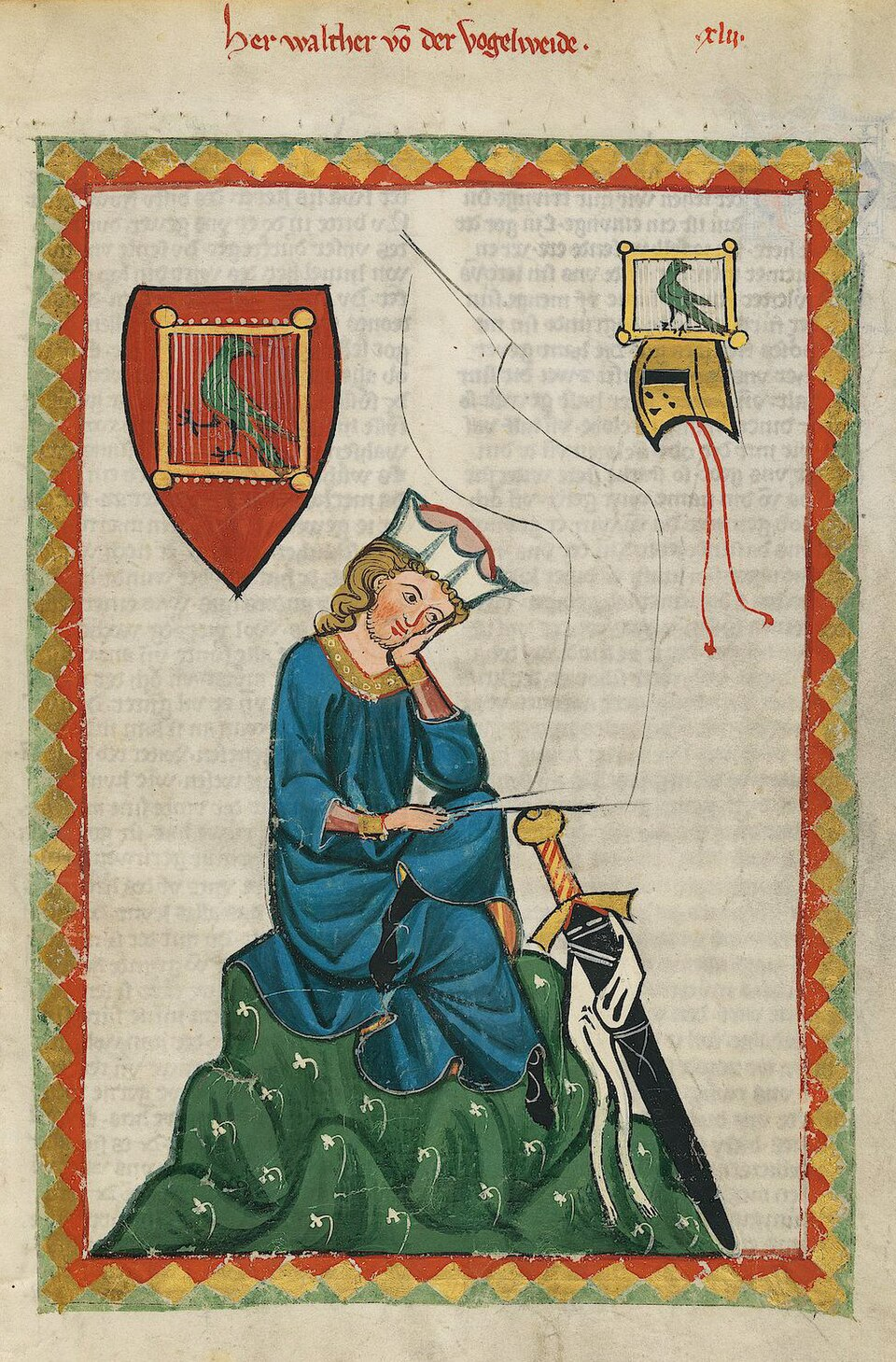 Portrait of Walther von der Vogelweide from the Codex Manesse. 