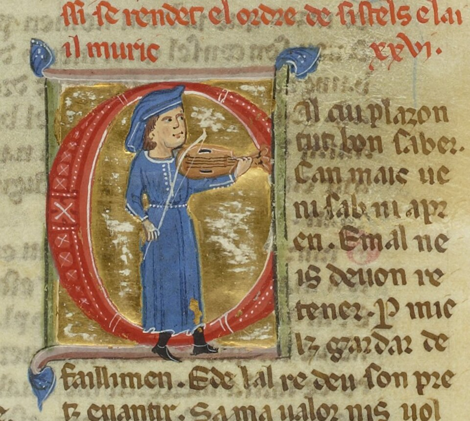The troubadour Perdigon (1190–1220) playing his fiddle.