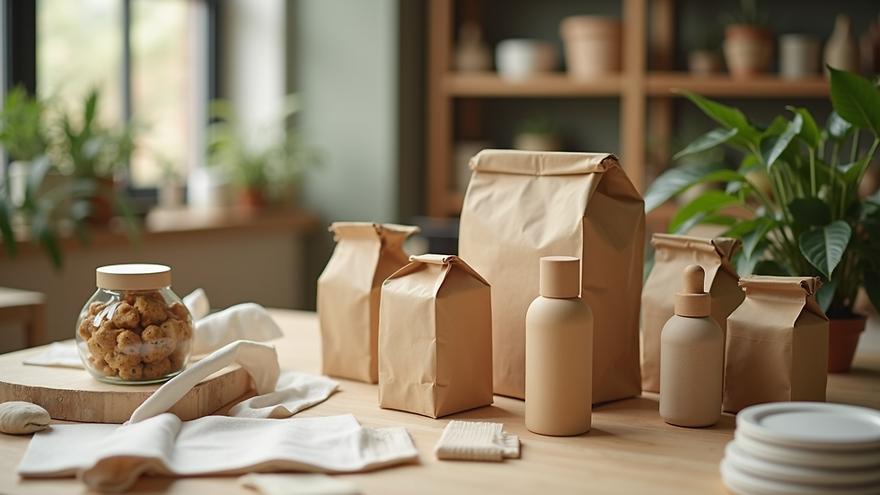 High angle view of various sustainable packaging materials on a table
