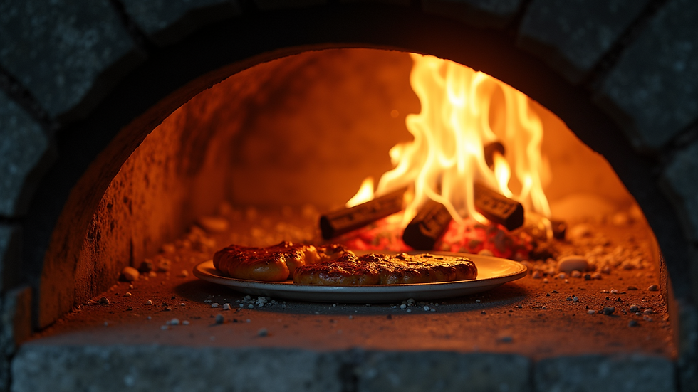 Eye-level view of a wood-fired oven with flames and cooking food