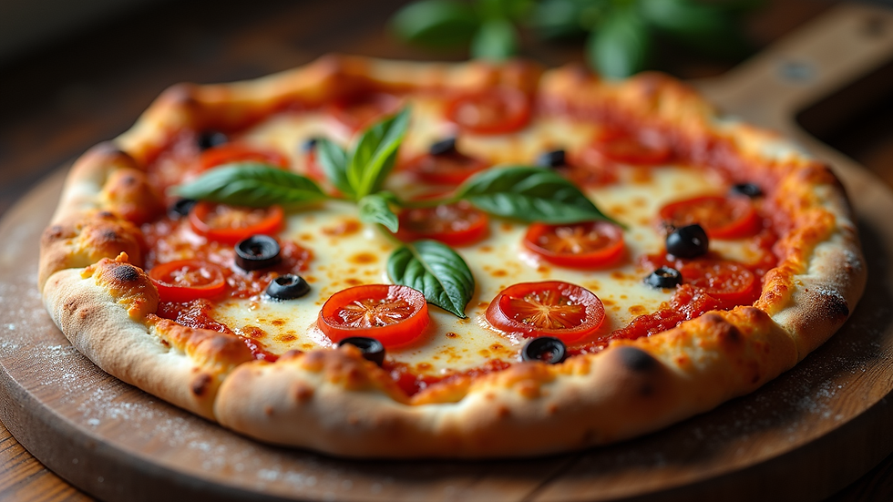 Close-up view of a freshly baked Neapolitan pizza with vibrant toppings