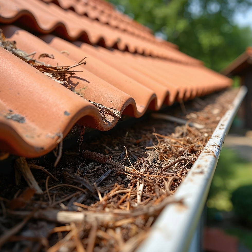 a gutter full of leaves with spanish tiled roof