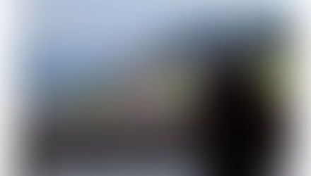 Person in striped shirt films a village with green fields and mountains in the background. Overcast sky.