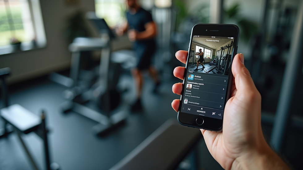 Close-up view of a smartphone displaying a workout plan in a home gym