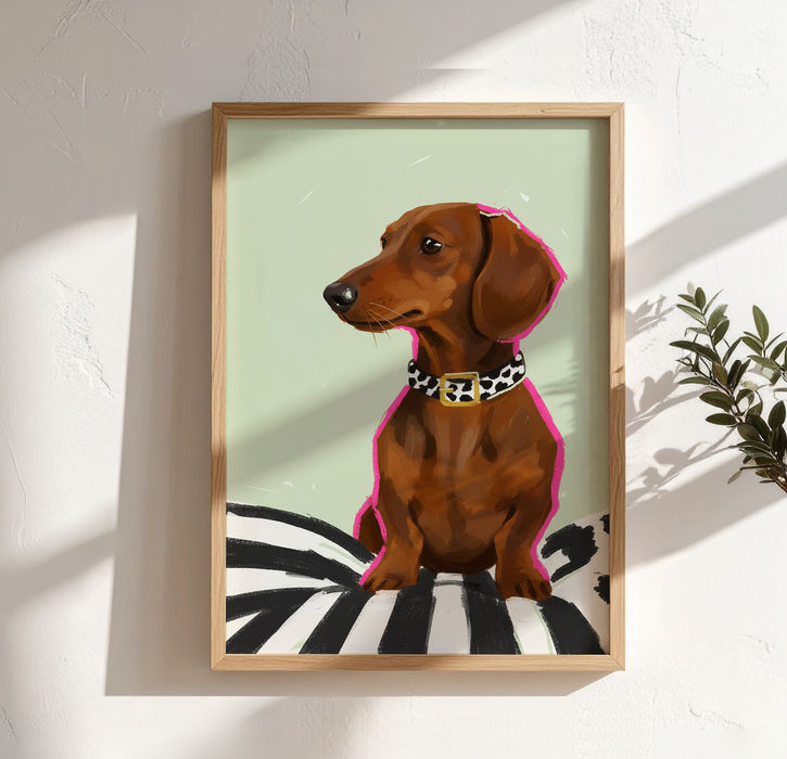 Little Lookout dachshund portrait from the Signature Tier collection, displayed in a natural wood frame with contemporary styling and botanical accents