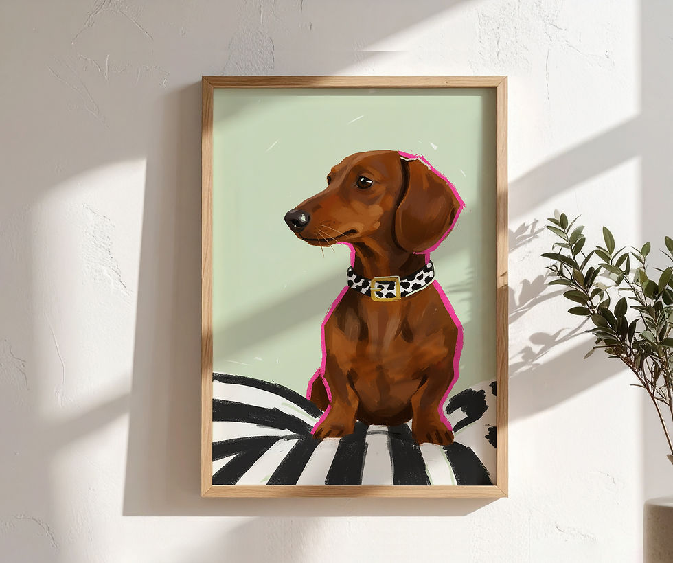 Little Lookout fine art print featuring a dachshund portrait in a contemporary wooden frame by Carla Tracy.