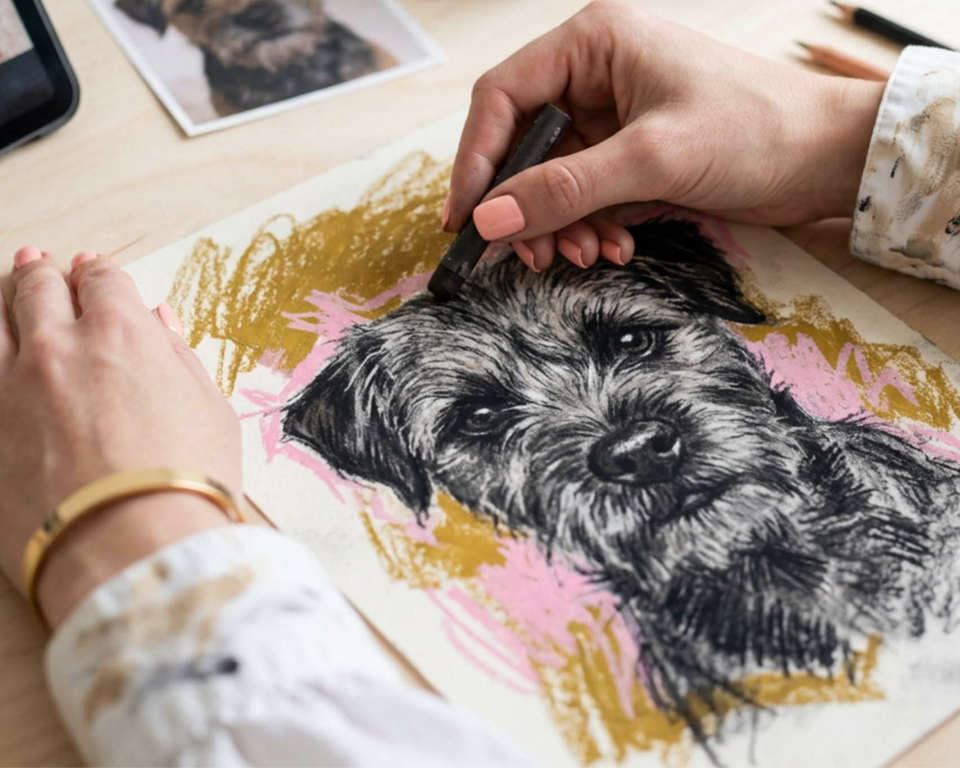Artist Carla Tracy creating a hand-drawn custom dog portrait commission in her Nottingham studio