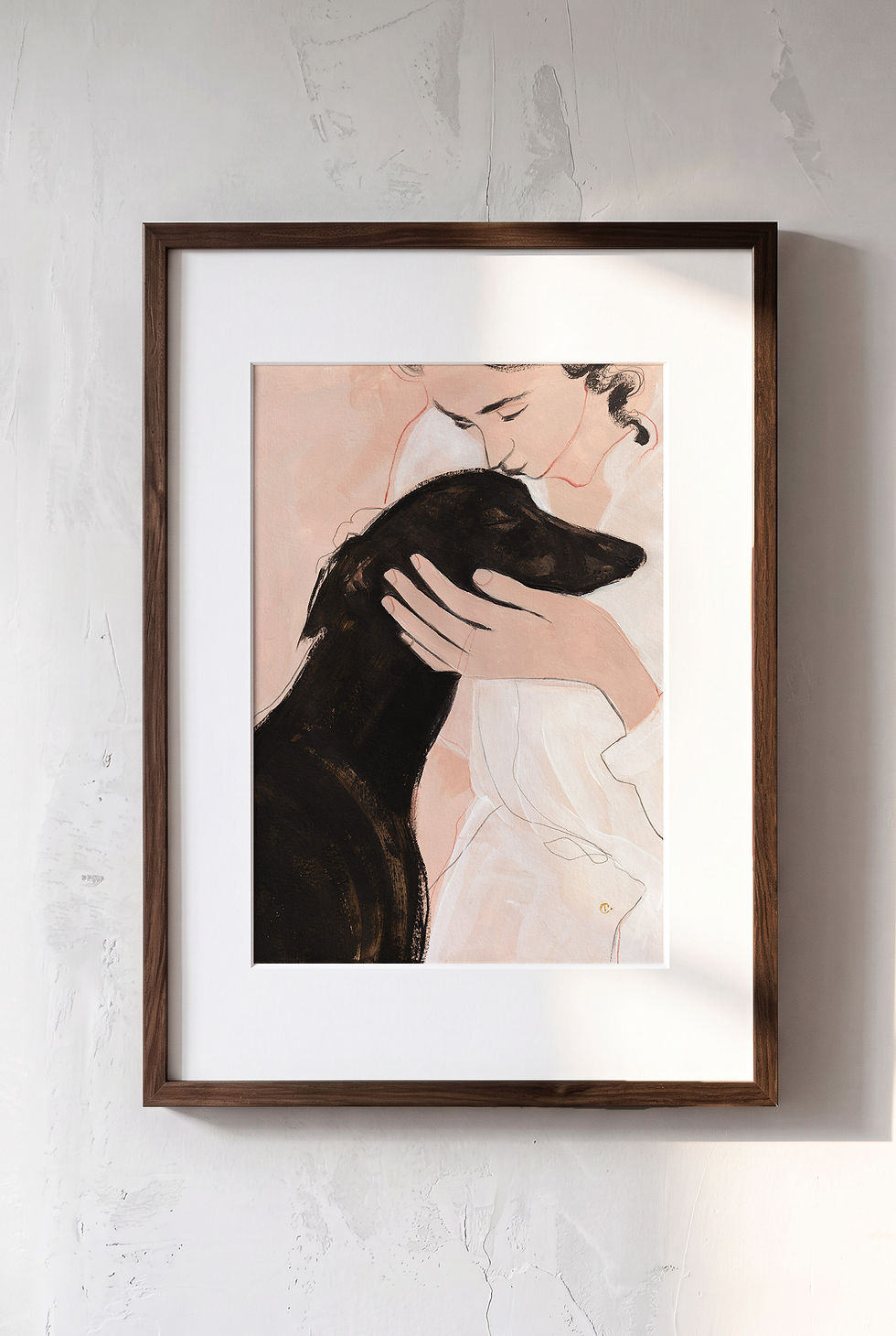 Beloved black whippet portrait displayed with a white mount in a dark wooden frame
